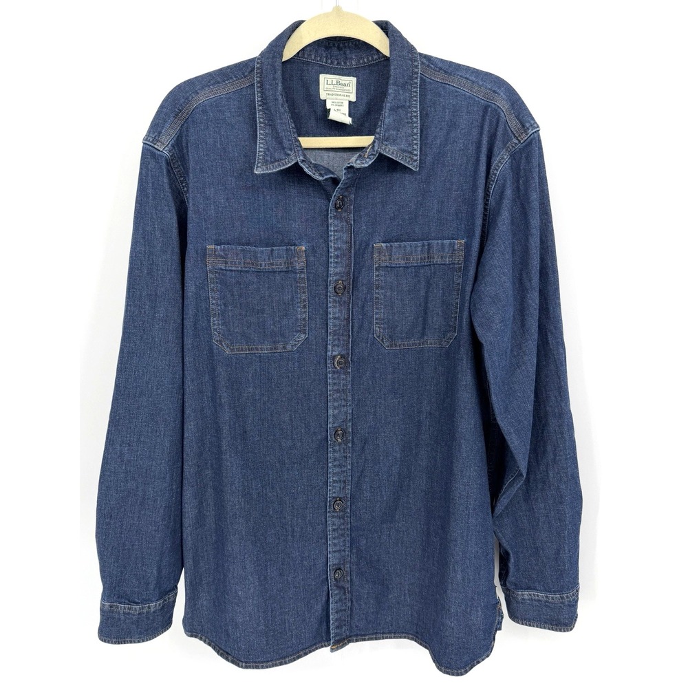 Vintage 90s LL Bean blue Denim Work Shirt Men's L-REG Heavyweight Button-Up